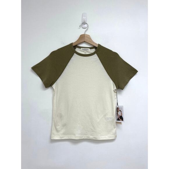 NWT Nation Ltd Bobbie Tee Hemp Raglan Sporty Retro Baseball Boxy Fit Capers XS - Picture 2 of 9